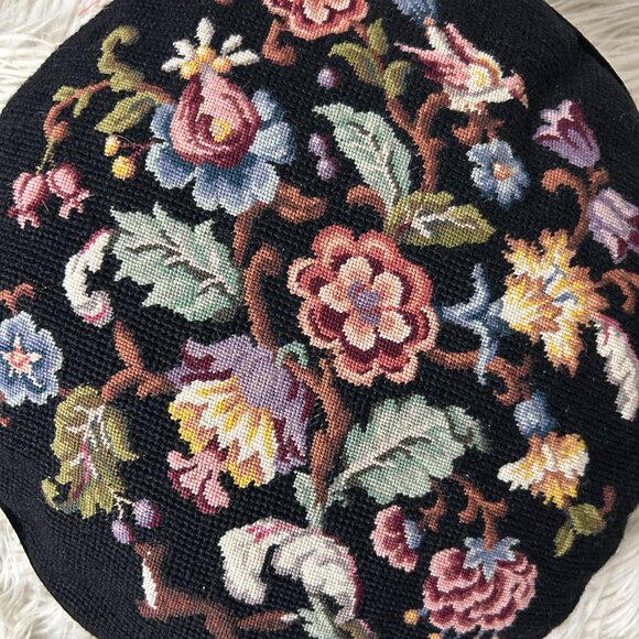 Lilian Vernon Vintage Needlepoint Round Pillow Fox Bird Floral Wool - Picture 3 of 5